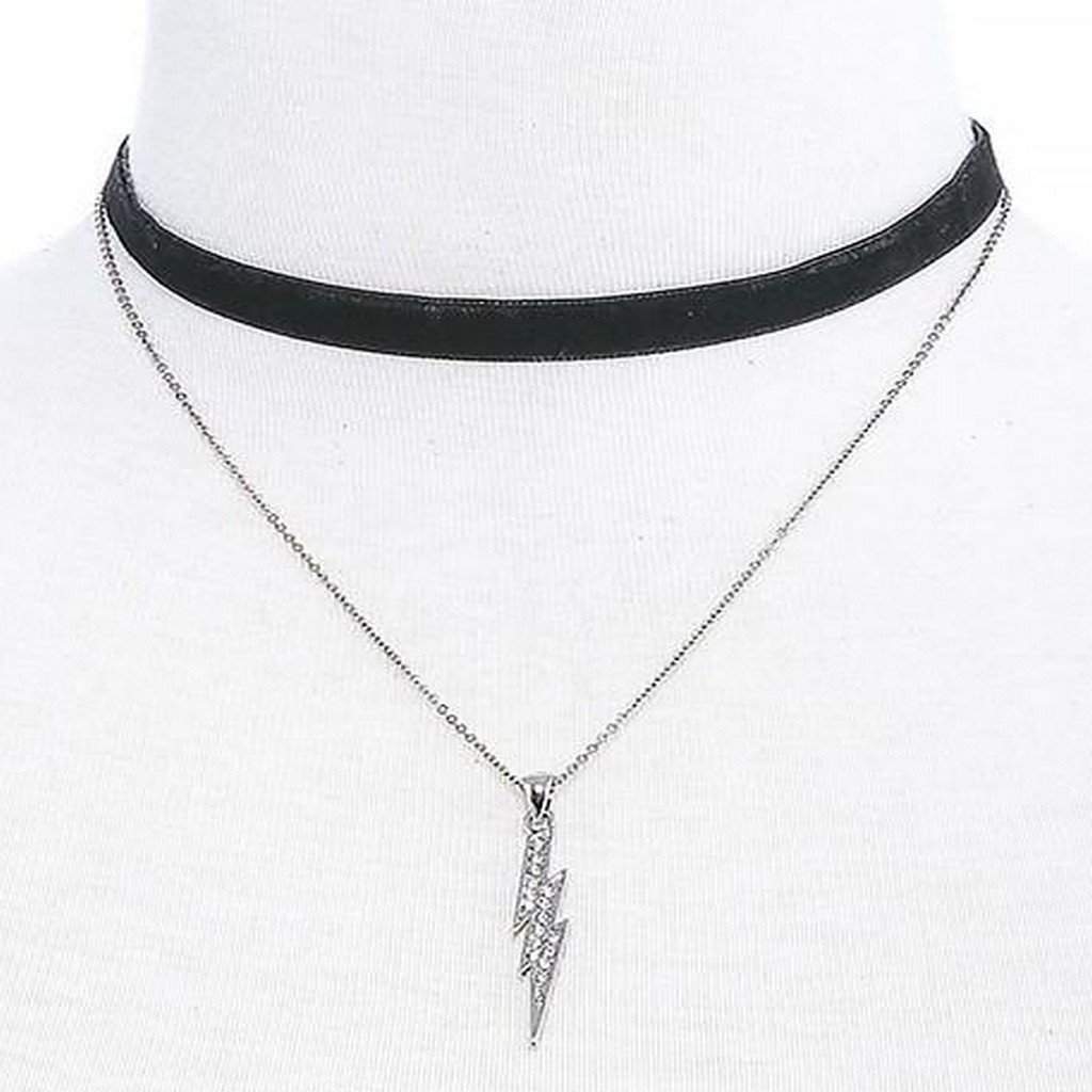 Crystal Lightening Bolt Silver Chain and Black Layered Choker-Chokers,Layered Necklaces,Silver Necklaces