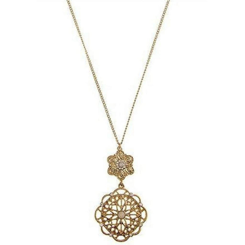 Gold Filigree Floral Crystal Pendant Necklace-Gold Necklaces