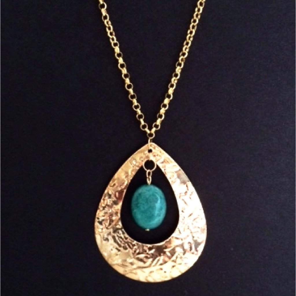 Gold Tone Teardrop Pendant with Green Amazonite Stone-Gold Necklaces