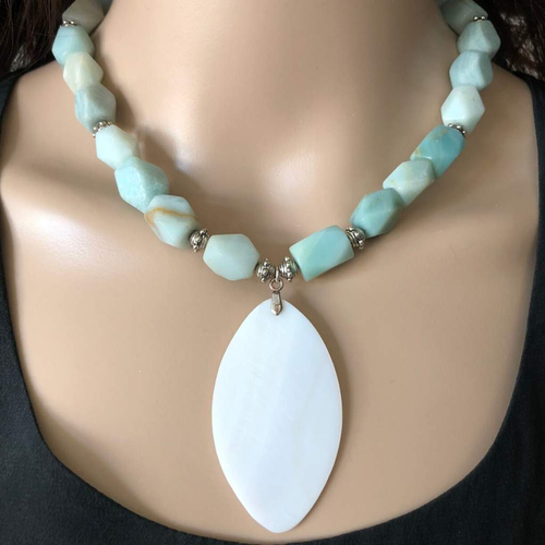 Blue Green Amazonite and White Shell Pendant Beaded Necklace-Beaded Necklaces,Silver Necklaces