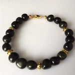 Mens Black Obsidian Pebble Beaded Bracelet with Gold Accent Beads-Beaded Bracelets
