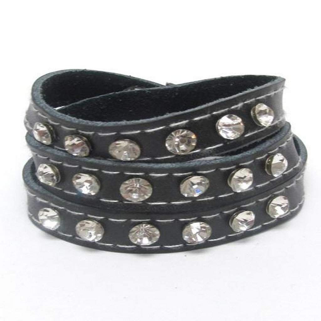 Black Leatherette Crystal Studded Wrap Bracelet-Black,Leather Bracelets