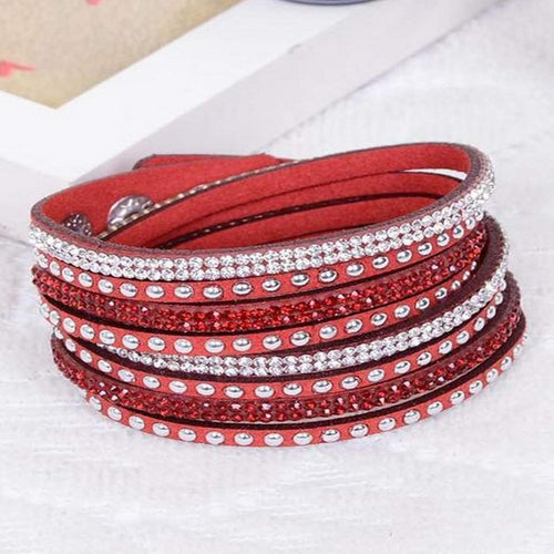 Blue, Red, or White Leather Wrap Crystal Studded Bracelet-Blue,Leather Bracelets,Red