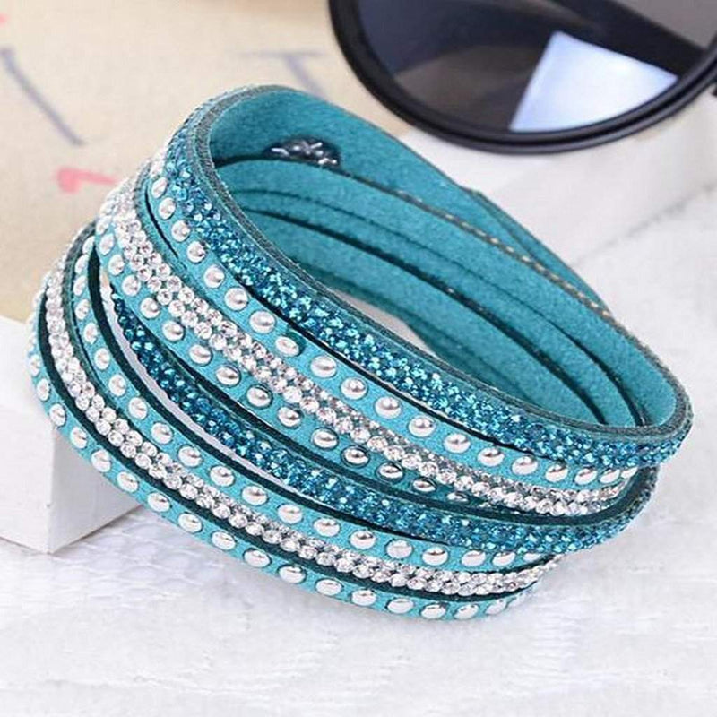 Blue, Red, or White Leather Wrap Crystal Studded Bracelet-Blue,Leather Bracelets,Red