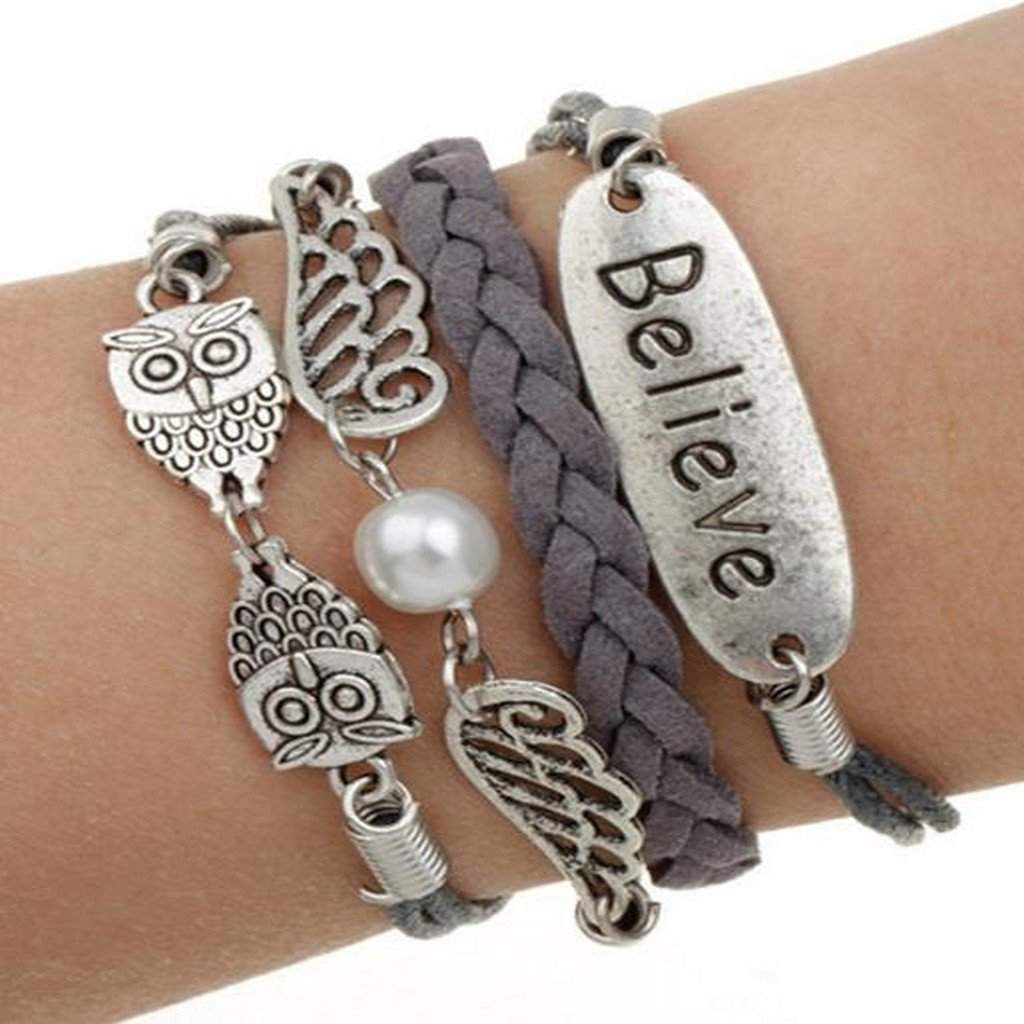 Gray Leatherette Multi Row Believe Bracelet-Gray,Leather Bracelets,Silver Bracelets