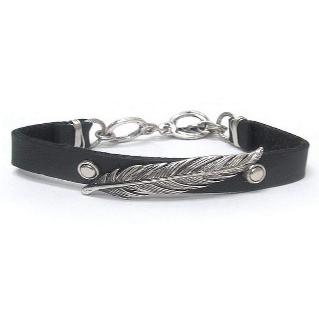 Boho Silver Feather Black Bracelet-Black,Leather Bracelets