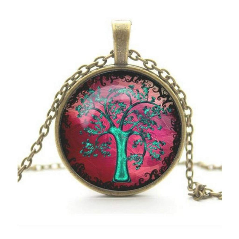 Tree Of Life Cabochon Pendant Necklace-Gold Necklaces,Red