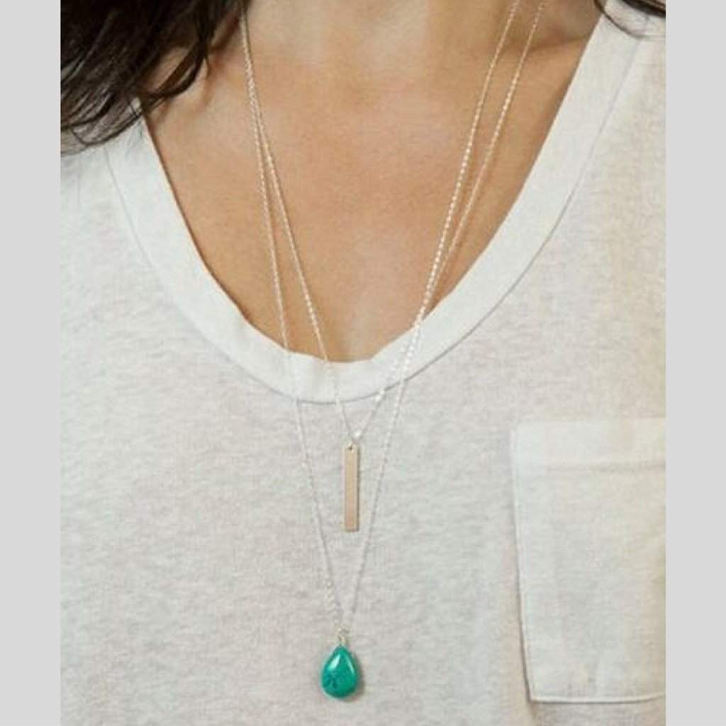 Layered Silver Chain Turquoise Stone and Bar Necklace-Layered Necklaces,Long Necklaces,Silver Necklaces
