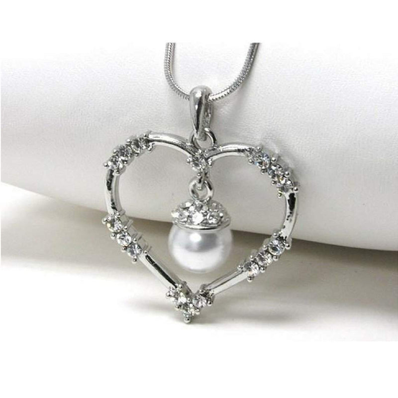 White Gold Plated Heart with Crystals and Pearl Pendant-Heart,Silver Necklaces