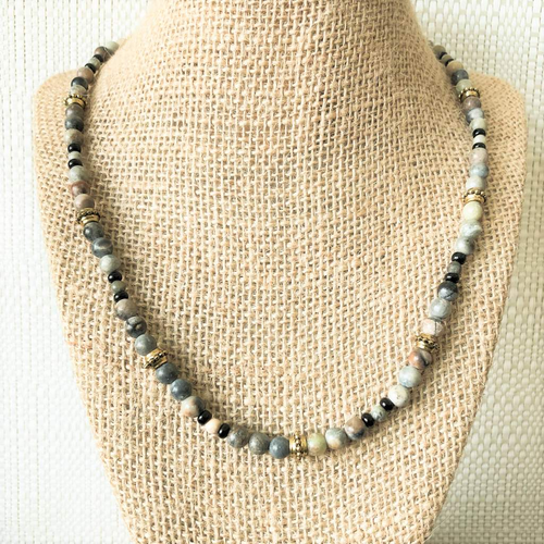 Mens Picasso Stone and Gold Beaded Necklace-Beaded Necklaces,Mens