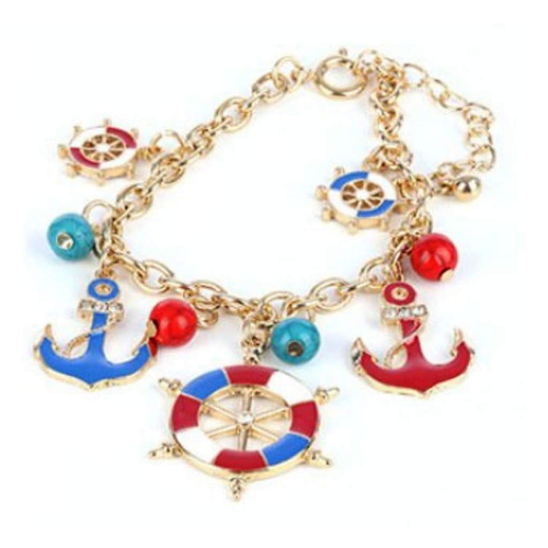 Nautical Red Blue and White Anchor and Ships Wheel Bracelet-Blue,Charms,Gold Bracelets,Red,White