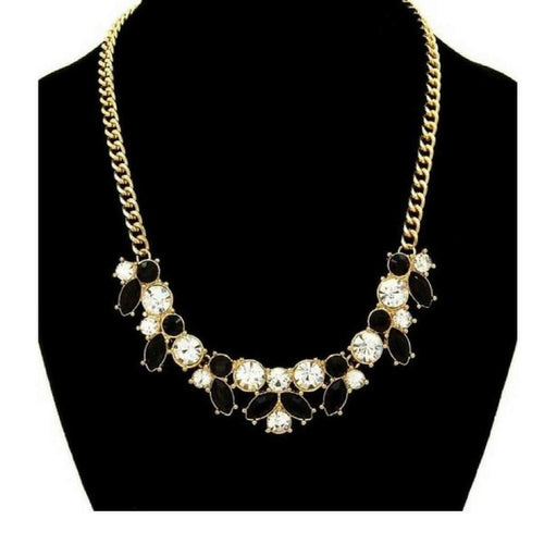 Black and Clear Crystal Statement Necklace-Gold Necklaces