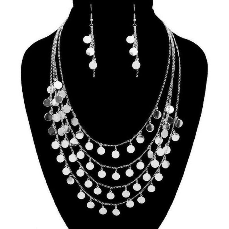 Silver Disc Layered Necklace and Earrings.