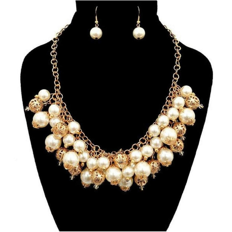 Pearl and Gold Beaded Statement Necklace and Earrings.