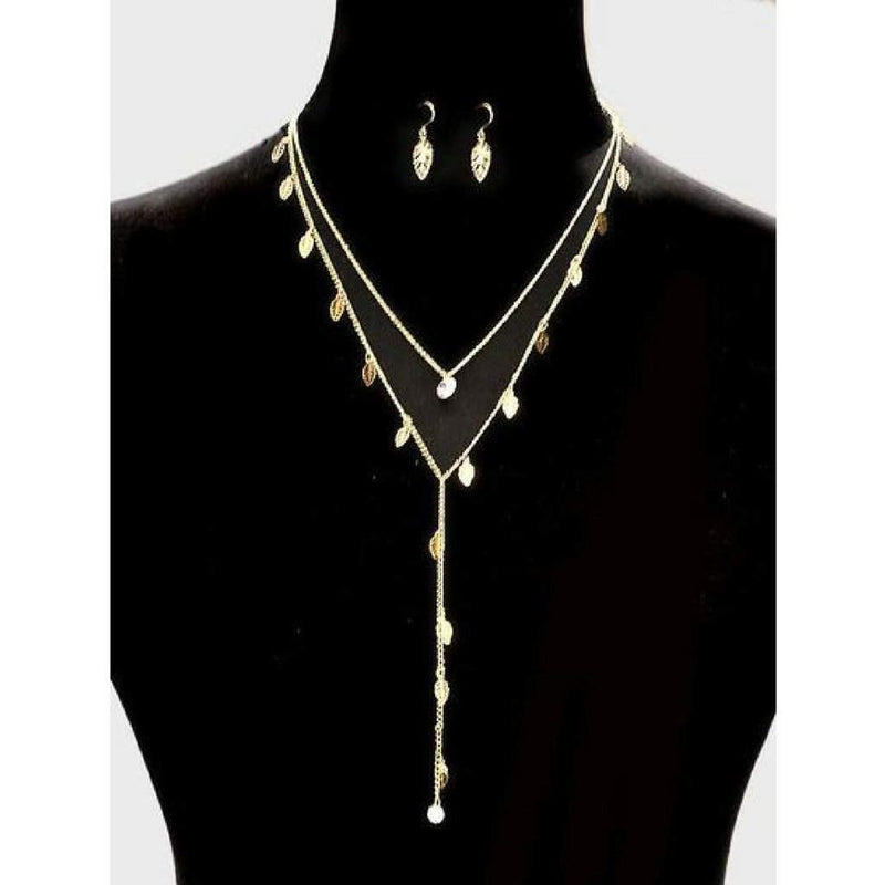 Double Layered Gold Leaf Y Necklace-Gold Necklaces,Layered Necklaces
