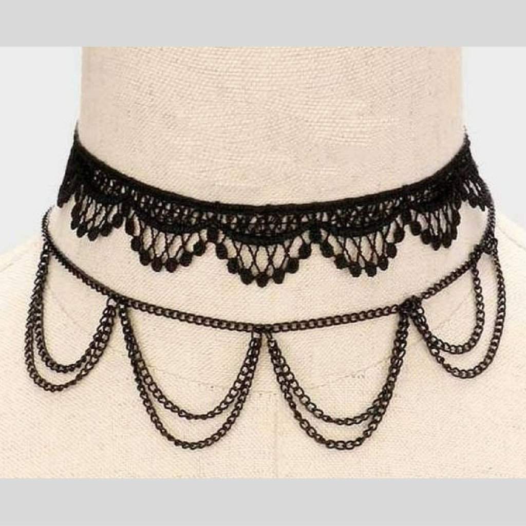 Black Two Piece Lace Crochet and Chain Choker-Black,Chains,Chokers,Layered Necklaces,Necklaces