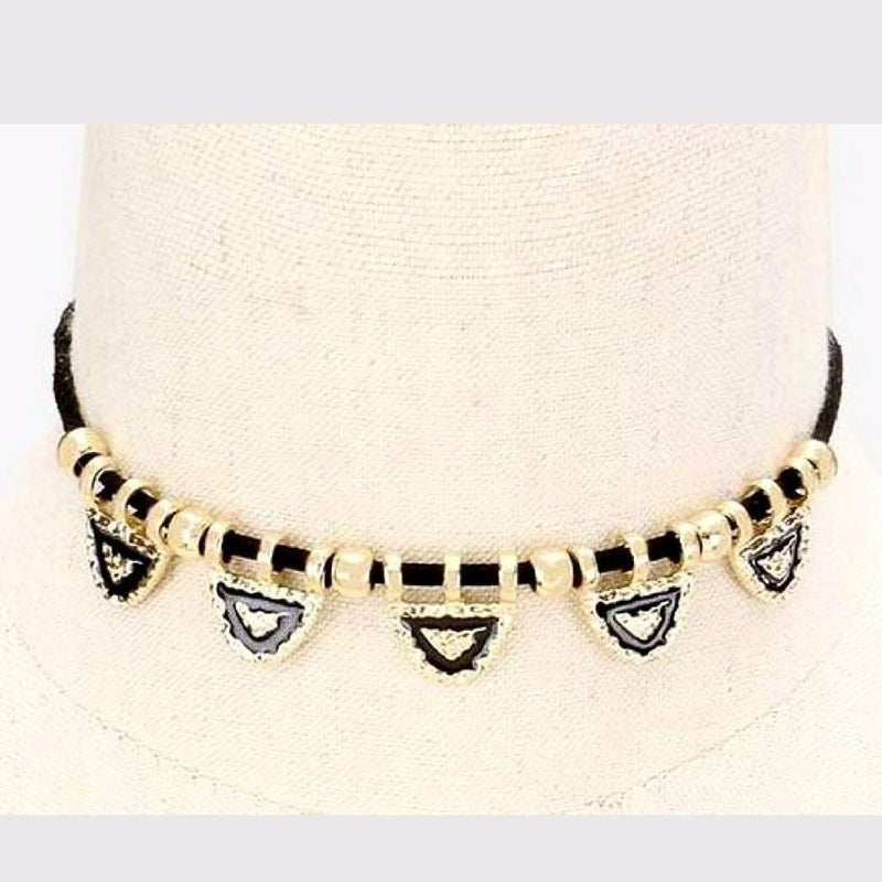 Black and Gold Hammered Metal Triangle Choker-Black,Chokers,Gold Necklaces