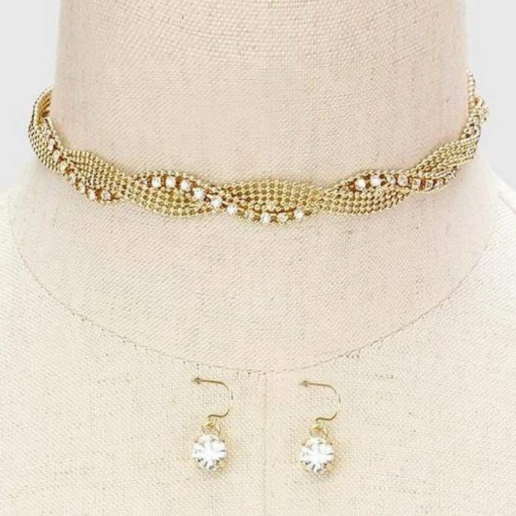 Gold and Crystal Twisted Choker-Chokers,Gold Necklaces