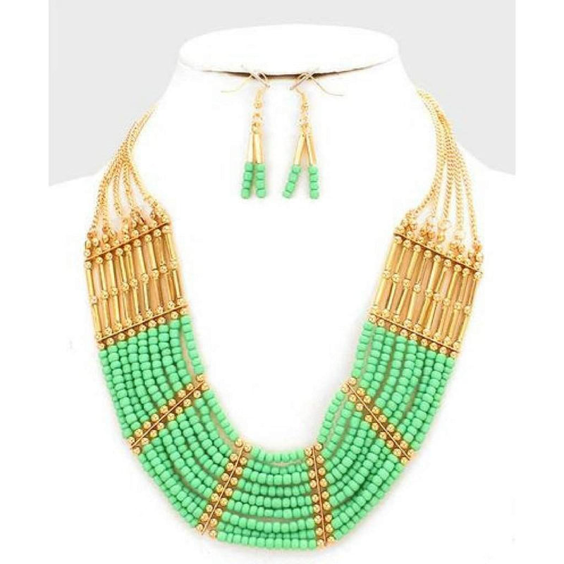 Green and Gold Tribal Beaded Necklace-Beaded Necklaces,Green