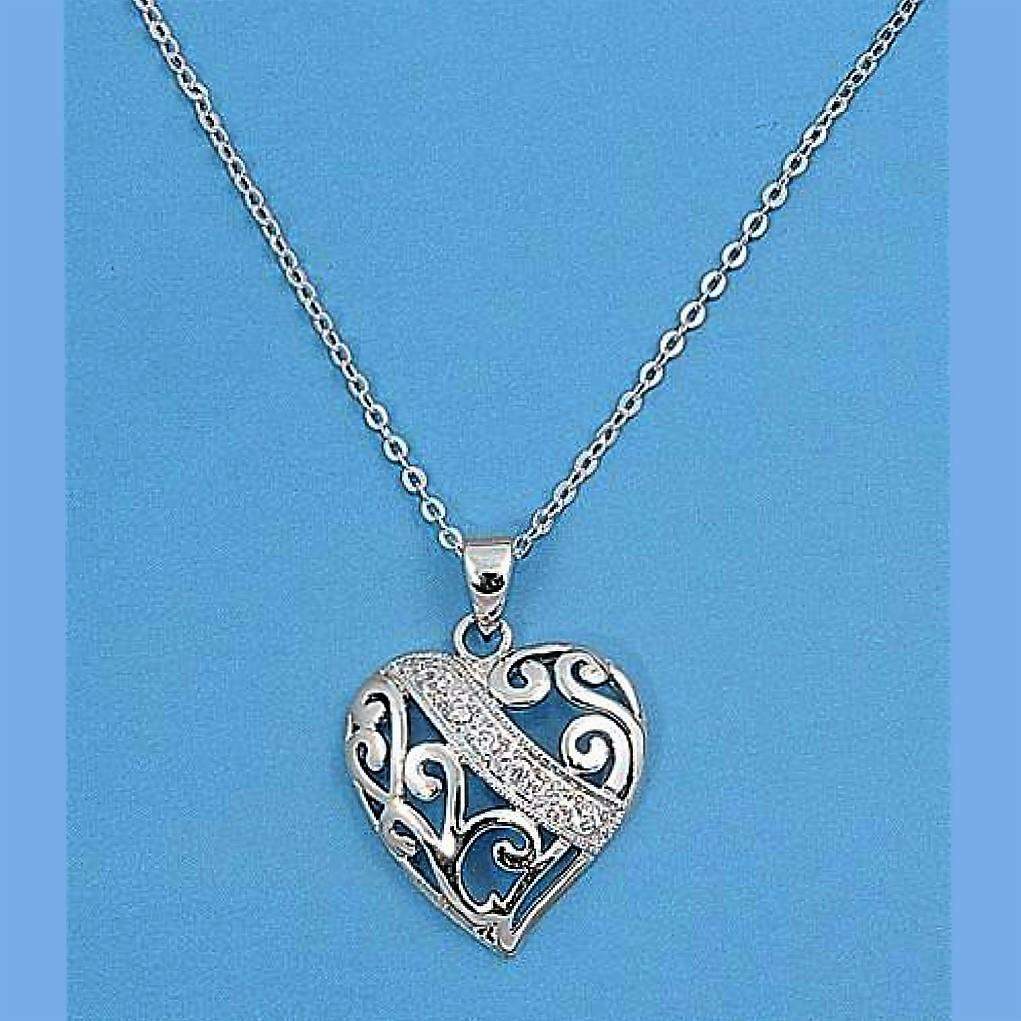 Sterling Silver and CZ Cut Out Heart Necklace-CZ Necklaces,Heart,Sterling Silver Necklaces