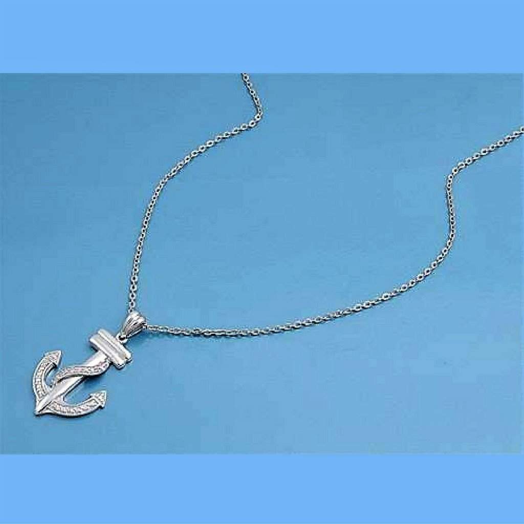 Sterling Silver and CZ Stone Anchor Charm Necklace-CZ Necklaces,Sterling Silver Necklaces