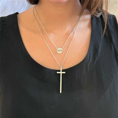 Silver Cross and Faith Charm Layered Necklace - JaeBee