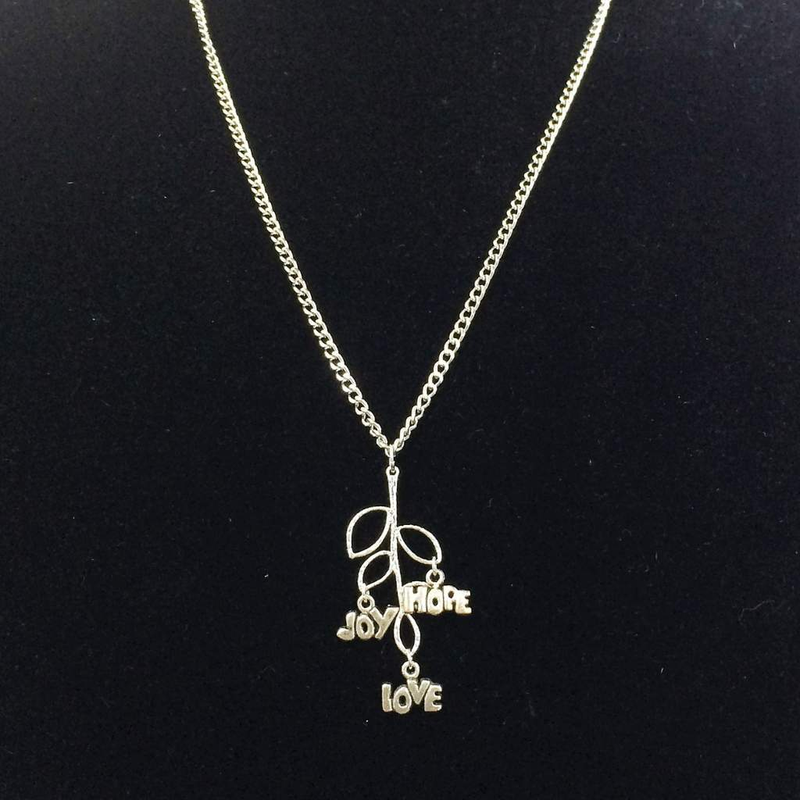 Silver Tree Branch Love, Joy, and Hope Charm Necklace.