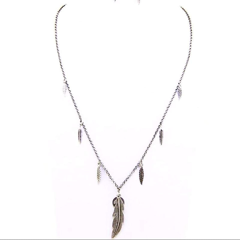 Burnished Silver Feather and Peace Sign Pendant Necklace.