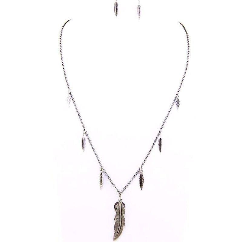 Burnished Silver Feather and Peace Sign Pendant Necklace-Long Necklaces,Silver Necklaces