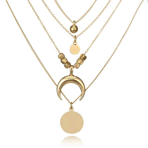 Gold Layered Crescent and Disc Necklace-Gold Necklaces,Layered Necklaces,Long Necklaces