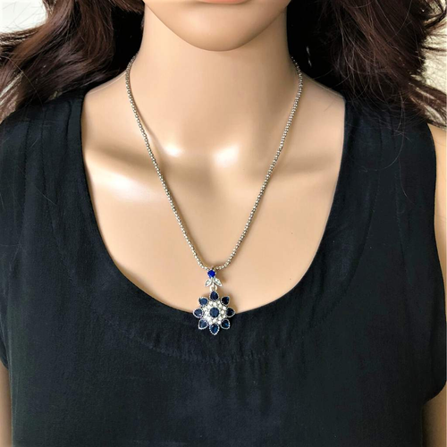 Blue Vintage Silver Flower Pendant Necklace-Antique,Blue,Crystal,Silver Necklaces