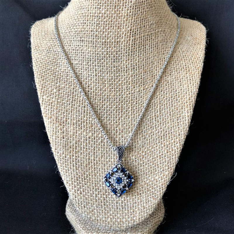 Blue Diamond Antique Silver Pendant-Silver Necklaces