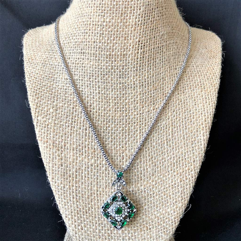 Green Diamond Antique Silver Pendant-Green,Necklaces,Silver Necklaces
