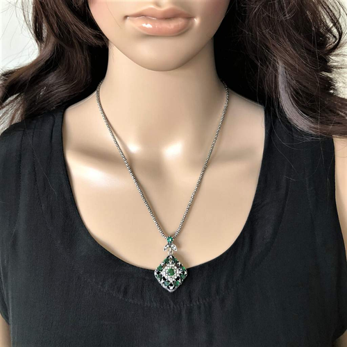 Green Diamond Antique Silver Pendant-Green,Necklaces,Silver Necklaces