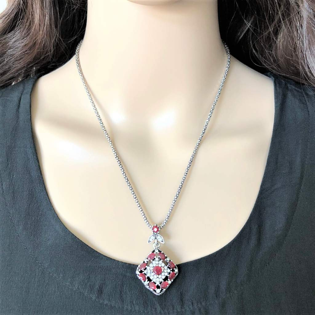 Red Diamond Antique Silver Pendant-Red,Silver Necklaces