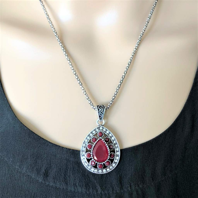 Antique Red Teardrop Pendant Silver Chain-Red,Silver Necklaces