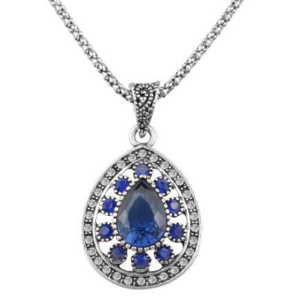 Antique Blue Teardrop Pendant Silver Chain-Antique,Blue,Crystal,Necklaces,Silver Necklaces