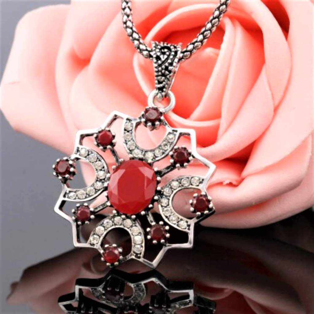Antique Red Stone and Silver Ornate Pendant Necklace-Red,Silver Necklaces