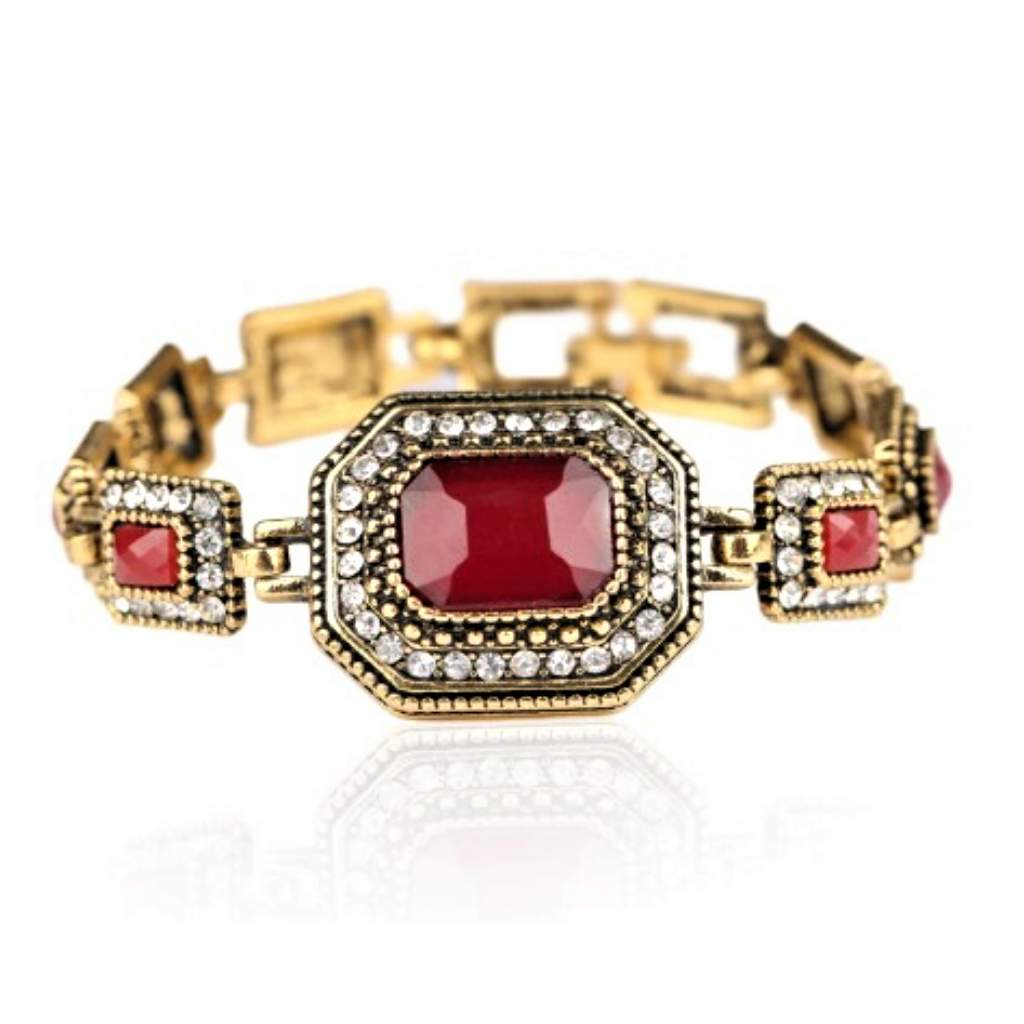 Vintage Gold Link Rectangle Bracelet with Red Stones-bracelets,Gold,Gold Bracelets,Red