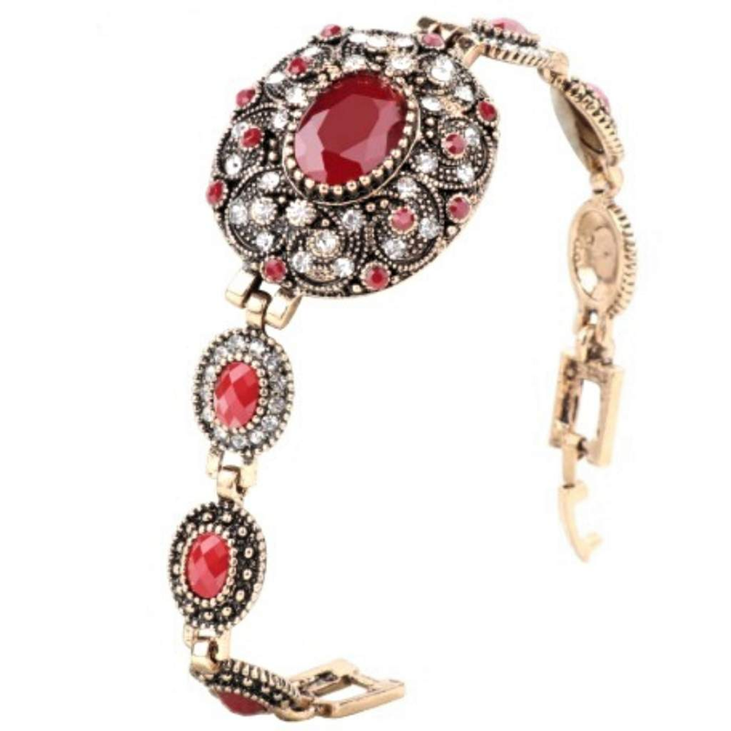 Vintage Gold Link Bracelet with Red Stones-bracelets,Gold,Gold Bracelets,Red