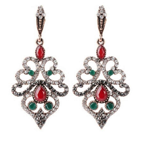 Red and Green Crystal Antique Gold Long Earrings-Dangle Earrings,Gold Earrings,Red