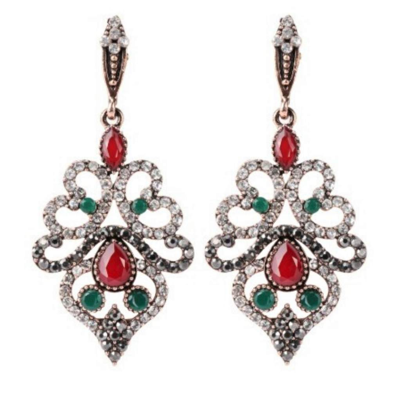 Red and Green Crystal Antique Gold Long Earrings-Dangle Earrings,Gold Earrings,Red