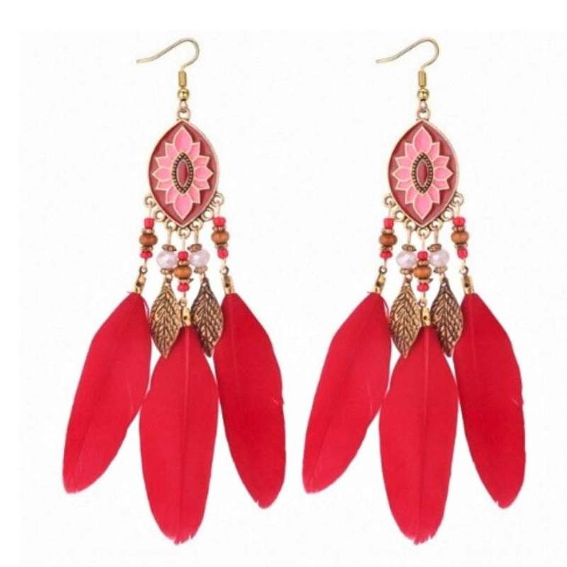 Long Red Feather Dangle Earrings-Dangle Earrings,Red