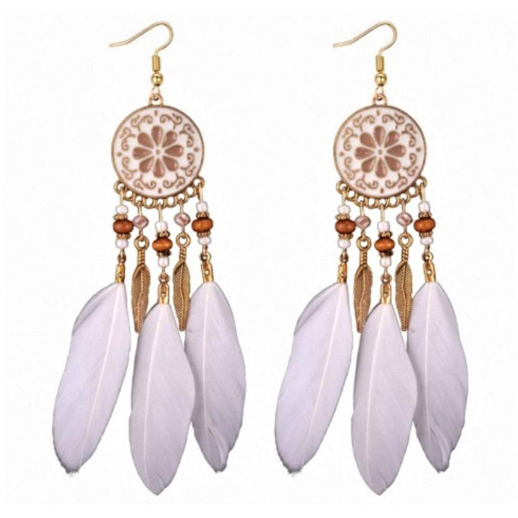 Long White Feather Dangle Earrings-Dangle Earrings,Gold Earrings,White