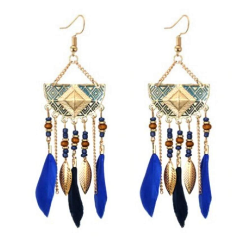 Blue Feather Long Gold Dangle Earrings-Blue,Dangle Earrings,Gold Earrings