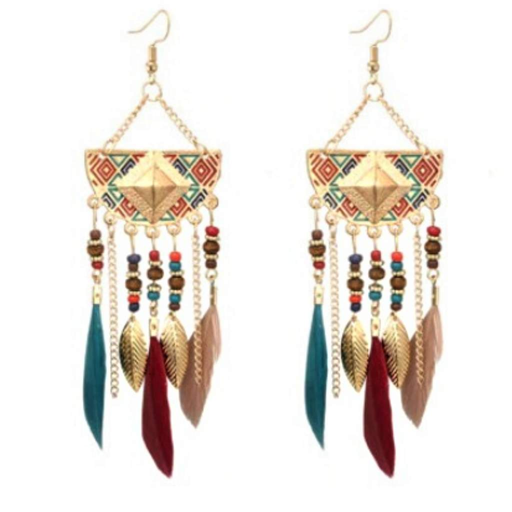 Multi Colored Feather Long Gold Dangle Earrings-Burgundy,Dangle Earrings,Gold Earrings