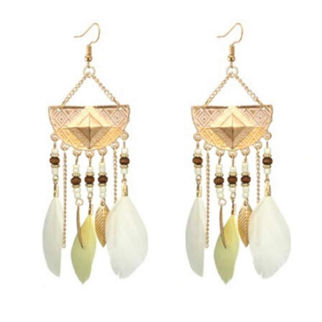 White Feather Long Gold Dangle Earrings-Dangle Earrings,Gold Earrings,White