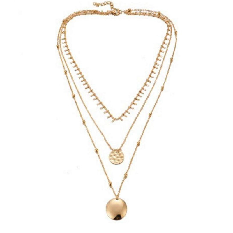Gold Triple Chain Disc Layered Necklace-Gold Necklaces,Layered Necklaces