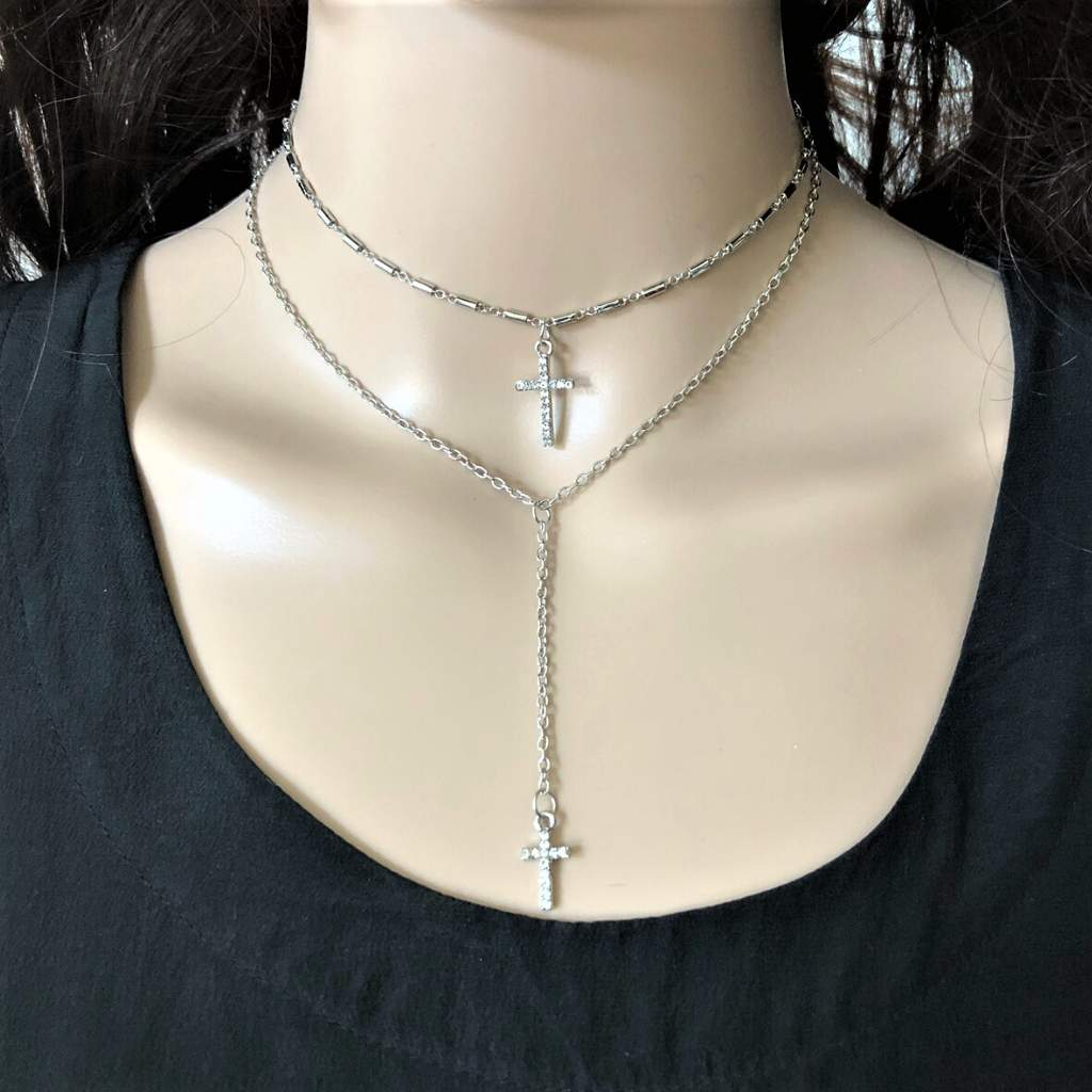 Crystal Double Layered Cross Gold or Silver Necklace-Cross,Gold Necklaces,Layered Necklaces,Religious,Silver Necklaces
