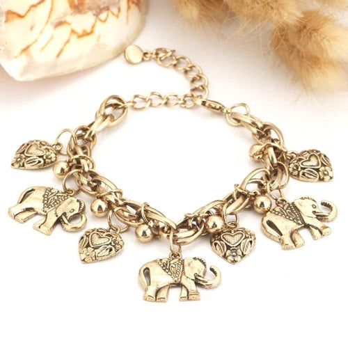 Gold Elephant and Heart Charm Bracelet-Charms,Gold Bracelets
